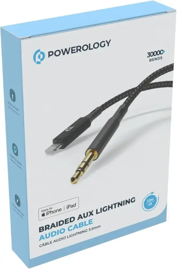 POWEROLOGY BRAIDED AUX LIGHTNING AUDIO CABLE | 1.2M | BLACK